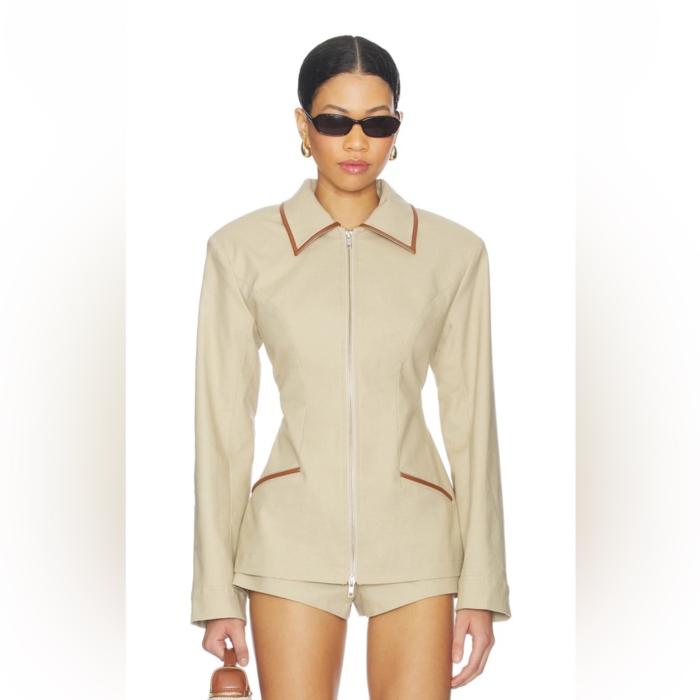 Beige Women's Jacket with Brown Trim set! Jacket  xxs short xs
